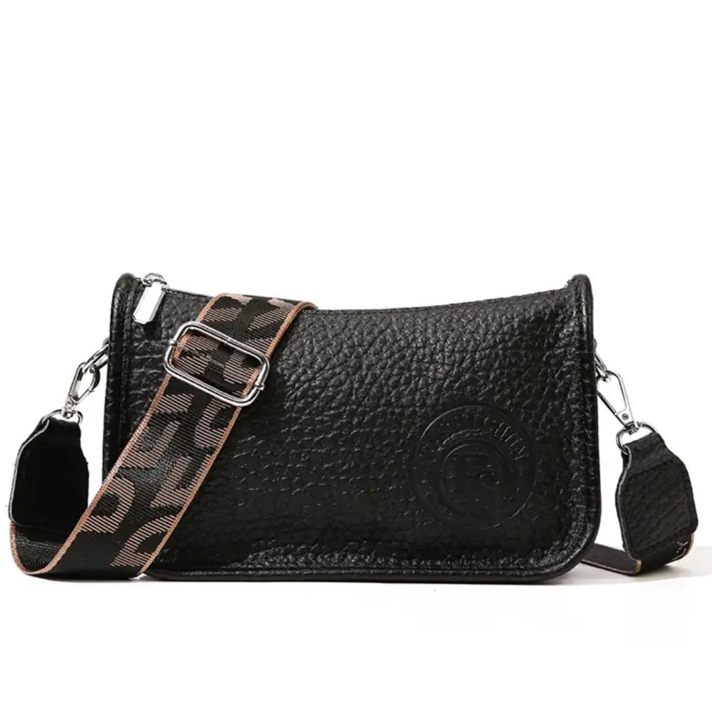 Black Pebble Textured Shoulder Bag with Logo Strap NIP - Picture 2 of 11
